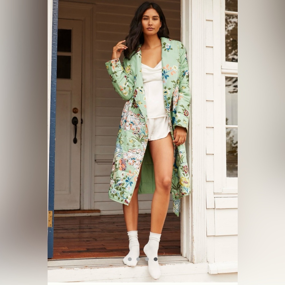 Anthropologie Mint Floral Quilted Robe